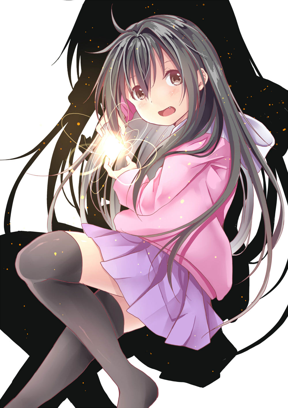 1girl bangs black_hair black_legwear blush brown_eyes child commentary_request creek_(moon-sky) drop_shadow eyebrows_behind_hair fang feet_out_of_frame hair_between_eyes highres hood hood_down hoodie long_hair no_shoes open_mouth original pink_hoodie pleated_skirt purple_skirt skirt solo thigh-highs very_long_hair youjo_(creek_(moon-sky))