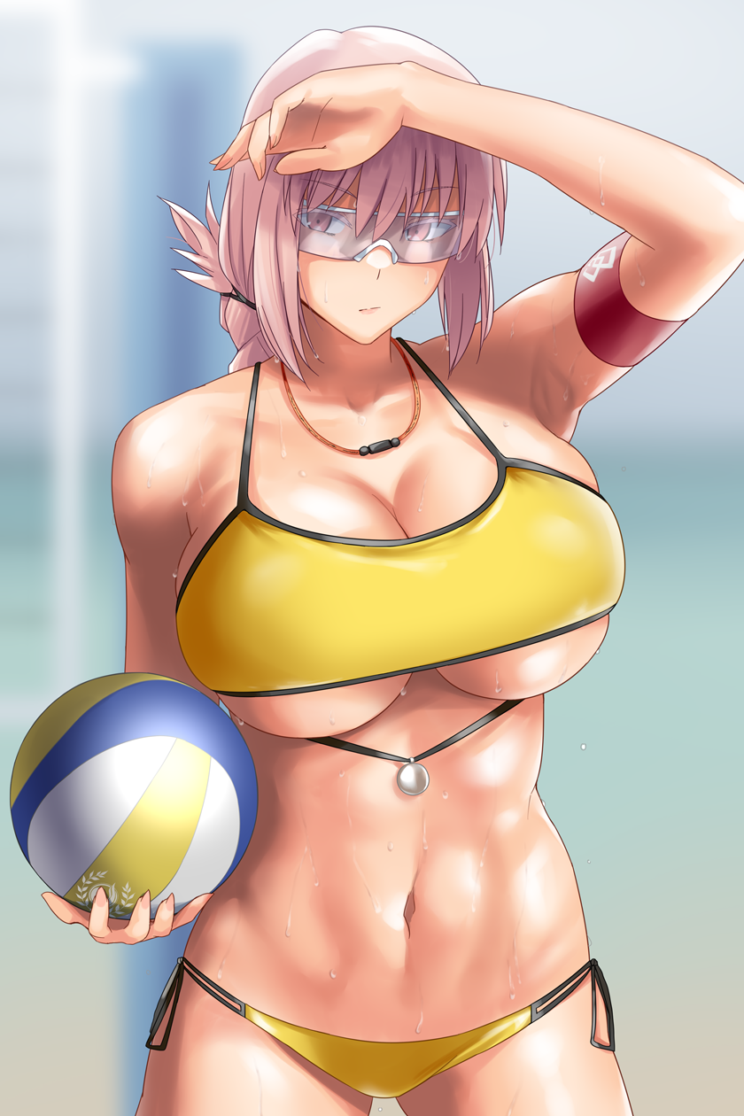 1girl armband beach_volleyball bikini braid breasts chaldea_lifesavers cowboy_shot curvy fate/grand_order fate_(series) florence_nightingale_(fate/grand_order) gachou highres huge_breasts navel pink_eyes pink_hair sunglasses swimsuit under_boob wet