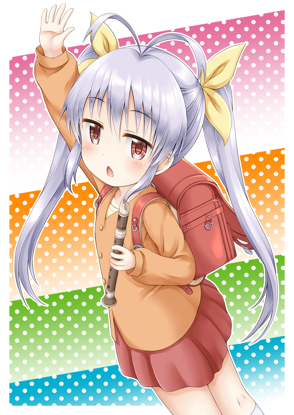 1girl antenna_hair arm_up backpack bag bangs blush brown_eyes brown_shirt chestnut_mouth commentary_request eyebrows_visible_through_hair hair_between_eyes hair_ribbon highres holding holding_instrument instrument kneehighs long_hair long_sleeves looking_at_viewer miyauchi_renge multicolored multicolored_background non_non_biyori open_mouth pleated_skirt polka_dot polka_dot_background puffy_long_sleeves puffy_sleeves randoseru recorder red_skirt regular_mow ribbon shirt silver_hair skirt sleeves_past_wrists solo twintails very_long_hair white_legwear yellow_ribbon