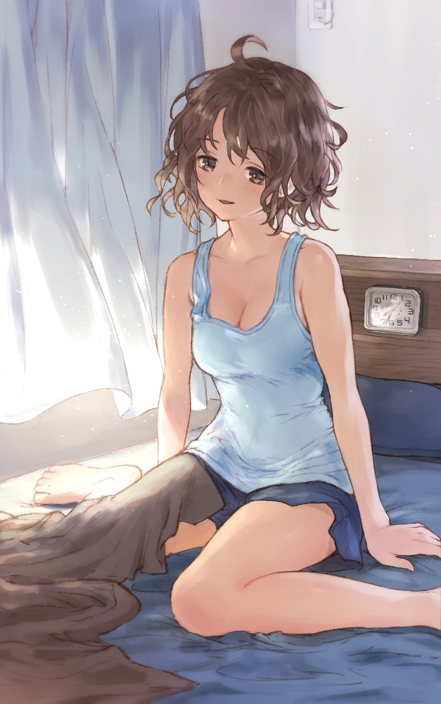 1girl ahoge barefoot bed breasts brown_eyes brown_hair cleavage commentary eyebrows_visible_through_hair looking_at_viewer medium_breasts medium_hair messy_hair nemoto_yuuma original short_shorts shorts sitting solo tank_top wariza