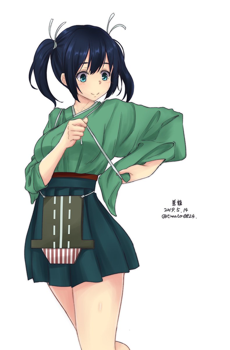 1girl blue_hair blue_hakama breasts character_name cowboy_shot dated flight_deck green_eyes green_kimono hair_ribbon hakama hakama_skirt highres japanese_clothes kantai_collection kimono large_breasts pleated_skirt ribbon simple_background skirt smile solo souryuu_(kantai_collection) standing tasuki timato twintails twitter_username tying white_background white_ribbon