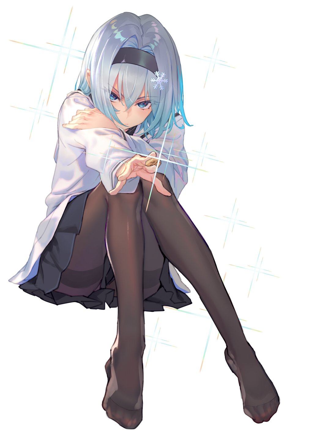 &gt;:) 1girl bangs between_fingers black_hairband black_legwear black_skirt blue_eyes board_game commentary_request eyebrows_visible_through_hair hair_between_eyes hair_intakes hair_ornament hairband hand_on_own_arm highres holding knees_together_feet_apart leaning_forward legs no_shoes open_hand outstretched_arm pantyhose pleated_skirt pointing pointing_at_viewer ryuuou_no_oshigoto! sailor_collar school_uniform serafuku sheer_legwear shiny shiny_hair shirabi shougi silver_hair simple_background sitting skirt snowflake_hair_ornament solo sora_ginko sparkle white_sailor_collar