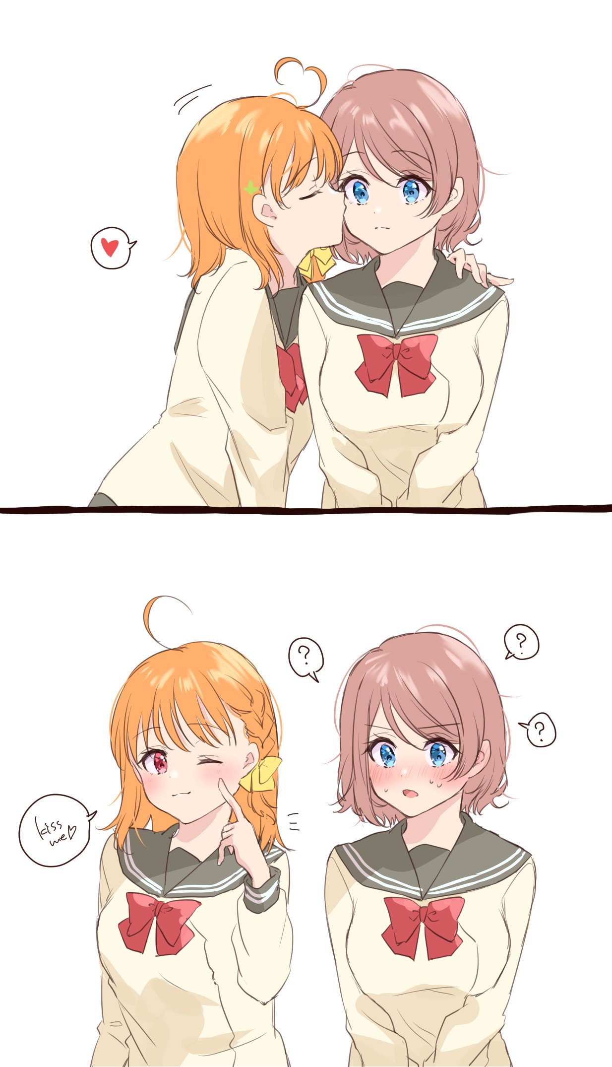 2girls 2koma ? ahoge arm_around_shoulder blue_eyes bow bowtie braid brown_hair cheek_kiss closed_eyes comic commentary_request english_text finger_to_cheek frown hair_bow hand_on_another's_shoulder heart heart_ahoge highres kiss long_sleeves love_live! love_live!_sunshine!! minori_748 multiple_girls notice_lines open_mouth orange_hair pointing pointing_at_self red_eyes red_neckwear school_uniform serafuku short_hair side_braid smile spoken_heart spoken_question_mark takami_chika upper_body uranohoshi_school_uniform watanabe_you yellow_bow yuri