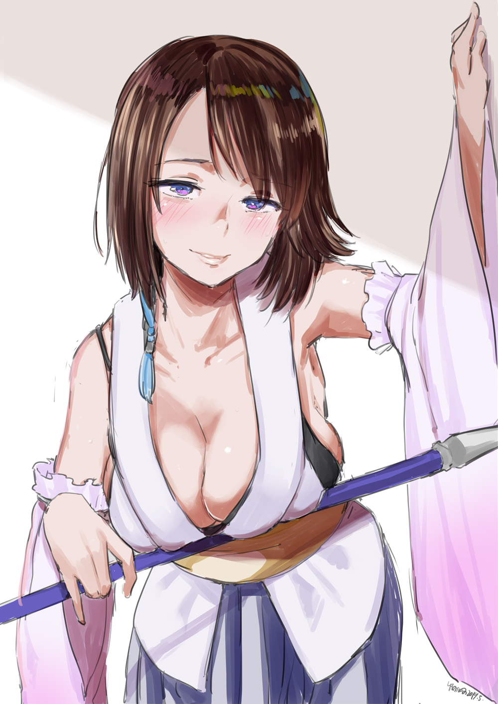 1girl 2019 alternate_eye_color arm_up bangs blue_eyes blue_hakama blush breasts brown_hair cleavage closed_mouth collarbone detached_sleeves eyebrows_visible_through_hair final_fantasy final_fantasy_x hakama hakama_skirt highres holding holding_staff japanese_clothes long_sleeves looking_at_viewer medium_breasts short_hair smile solo staff wide_sleeves yumeno_tanuki yuna