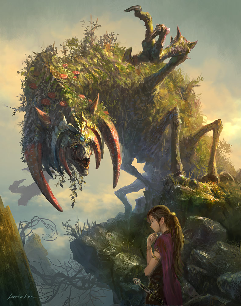 1girl armlet artist_name blue_eyes brown_hair cape day fantasy forehead_jewel grass hand_on_own_chin k-takano long_hair looking_at_another monster moss mushroom open_mouth original outdoors purple_cape rock scenery sheath sheathed standing sword weapon