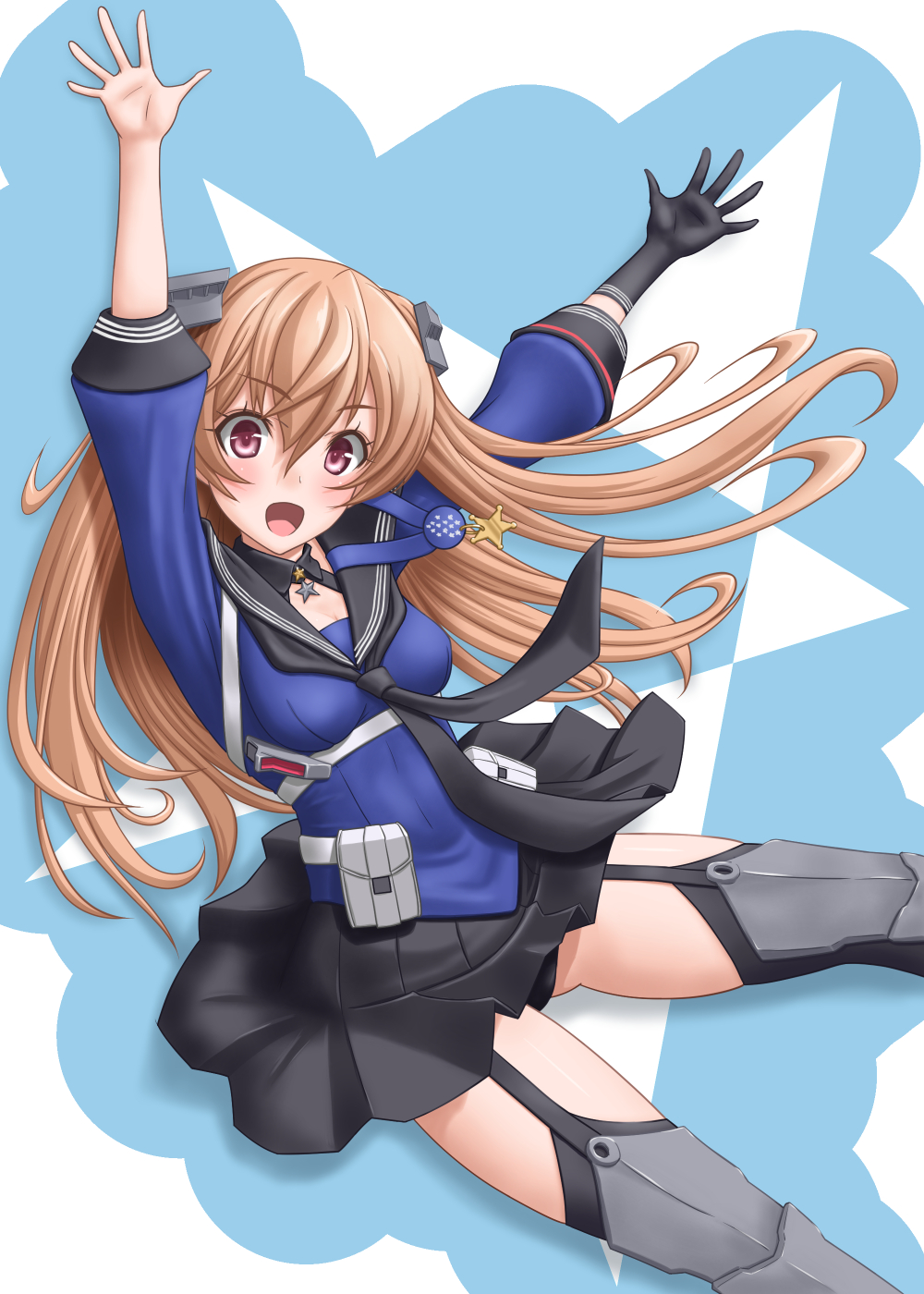 1girl arms_up black_gloves black_legwear black_skirt blue_shirt breasts brown_eyes cleavage commentary_request cowboy_shot garter_belt garter_straps gloves highres johnston_(kantai_collection) kantai_collection light_brown_hair long_hair looking_at_viewer medium_breasts off_shoulder open_mouth pleated_skirt sailor_collar school_uniform serafuku shirt single_glove skirt smile solo star t2r thigh-highs two-tone_background two_side_up us_medal_of_honor