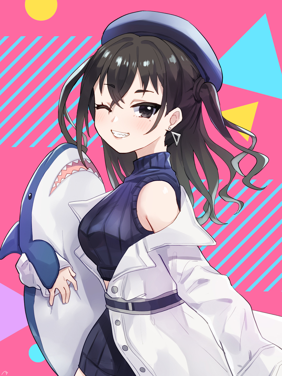 1girl amy30535 bangs beret blue_headwear blue_skirt blush breasts brown_eyes brown_hair coat crop_top cropped_sweater earrings eyebrows_visible_through_hair grin hair_between_eyes hat highres holding idolmaster idolmaster_cinderella_girls ikea_shark jewelry long_hair long_sleeves looking_at_viewer mole mole_under_eye off_shoulder one_eye_closed purple_sweater ribbed_skirt ribbed_sweater shark sharp_teeth skirt sleeveless_sweater smile solo standing stuffed_animal stuffed_shark stuffed_toy sunazuka_akira sweater teeth turtleneck turtleneck_sweater twintails white_coat