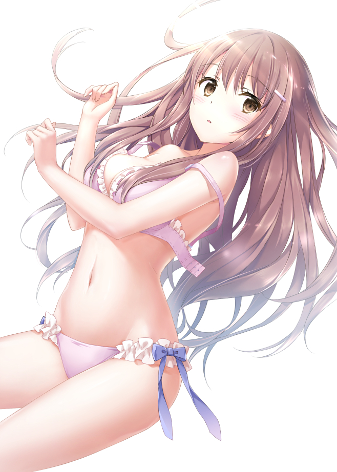 1girl bangs bare_shoulders blue_bow blush bow bra breasts brown_eyes brown_hair commentary eyebrows_visible_through_hair frilled_bra frilled_panties frills hair_ornament hairclip kyariko light_rays long_hair looking_to_the_side navel original panties parted_lips pink_bra pink_panties simple_background solo strap_slip sunbeam sunlight symbol_commentary underwear underwear_only undone_bra white_background