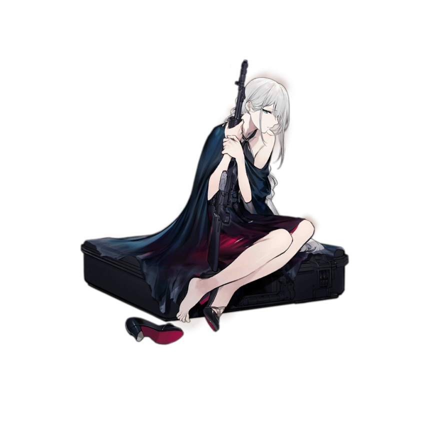 1girl alternate_costume alternate_hairstyle an-94_(girls_frontline) bangs bare_shoulders barefoot belt black_dress black_footwear black_gloves blue_eyes breasts closed_mouth collarbone dress dress_lift duoyuanjun expressionless eyebrows_visible_through_hair folded_ponytail full_body girls_frontline gloves gradient_dress hair_between_eyes hair_ornament hairband half-closed_eyes halter_dress high_heels long_hair looking_at_viewer luggage off_shoulder official_art purple_dress shoes shoes_removed sidelocks silver_hair single_glove single_shoe sitting small_breasts solo sprain torn_clothes torn_dress transparent_background weapon_case wristband