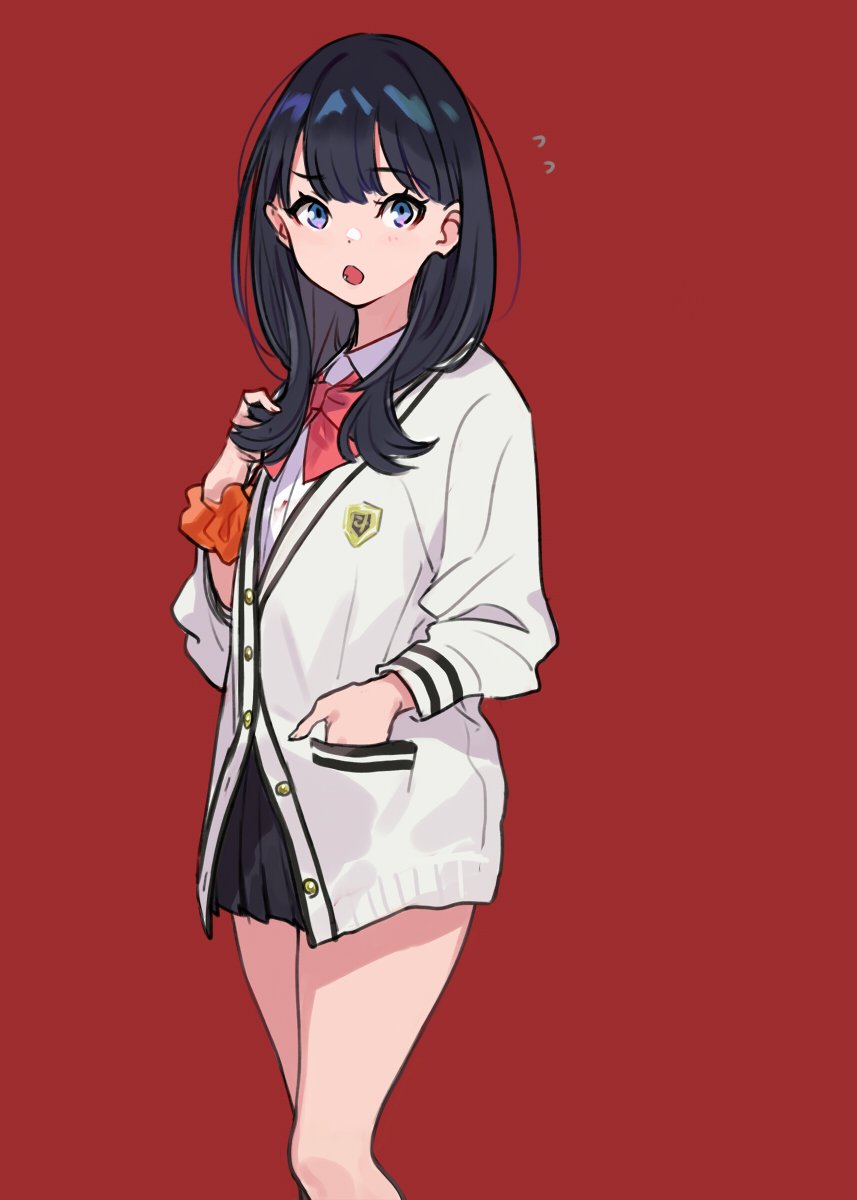 black_hair black_skirt cardigan hand_in_pocket highres long_sleeves looking_at_viewer open_mouth orange_scrunchie red_neckwear scrunchie skirt ssss.gridman sweater takarada_rikka white_cardigan white_sweater wrist_scrunchie yuu_(higashi_no_penguin)