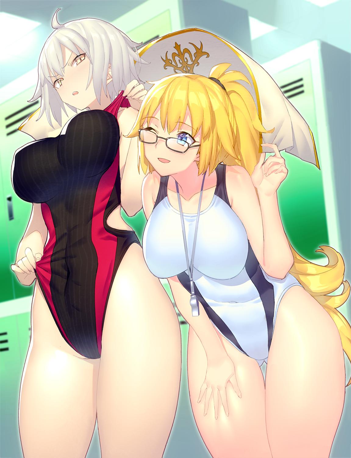 2girls adapted_costume black_swimsuit blonde_hair blue_eyes competition_swimsuit cowboy_shot fate/grand_order fate_(series) glasses highleg highleg_swimsuit highres indoors jeanne_d'arc_(alter_swimsuit_berserker) jeanne_d'arc_(fate)_(all) jeanne_d'arc_(swimsuit_archer) leaning_forward locker locker_room long_braid long_hair mckeee multiple_girls one-piece_swimsuit one_eye_closed ponytail silver_hair standing striped striped_swimsuit swimsuit whistle whistle_around_neck white_swimsuit yellow_eyes