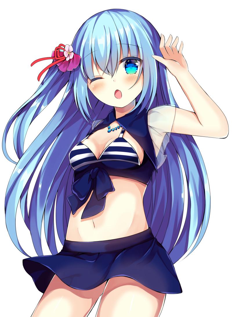 1girl ;o armpits bangs bare_arms bare_shoulders beads blue_eyes blue_hair blue_ribbon blue_skirt blush breasts cleavage cowboy_shot crop_top flower hair_between_eyes hair_flower hair_ornament hand_up long_hair looking_at_viewer maki_soutoki midriff miniskirt navel one_eye_closed one_side_up open_mouth original ribbon simple_background skirt small_breasts solo standing striped thighs white_background white_flower