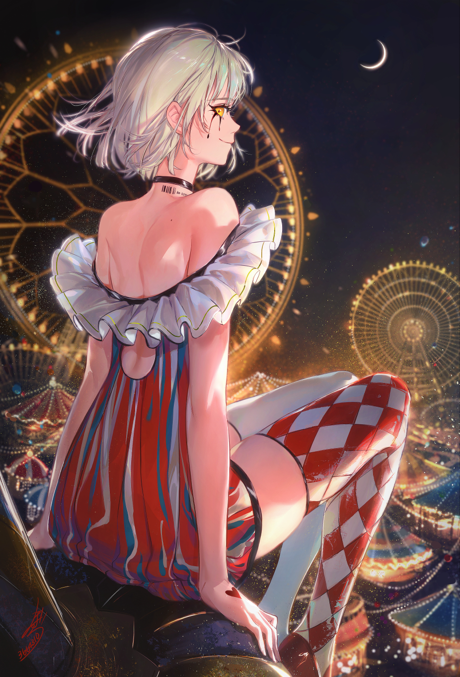 1girl amusement_park android argyle argyle_legwear arm_support back bangs barcode_tattoo bare_shoulders closed_mouth crescent_moon dress facepaint ferris_wheel floating_hair from_behind highres hoojiro light_particles looking_at_viewer mismatched_legwear mole moon night off-shoulder_dress off_shoulder original outdoors red_footwear red_legwear shoes shoulder_blades sidelocks signature sitting skindentation sky smile solo star_(sky) starry_sky tattoo thigh-highs white_hair white_legwear wind yellow_eyes