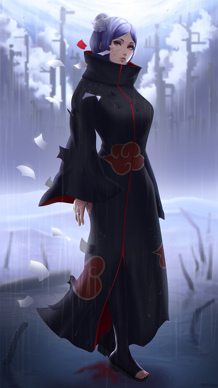 1girl akatsuki_(naruto) akatsuki_uniform black_legwear blurry blurry_background closed_mouth flower full_body hair_bun hair_flower hair_ornament highres jewelry konan lips long_hair mcdobo naruto_(series) naruto_shippuuden outdoors purple_hair rain red_eyes ring ruins sandals short_hair solo toeless_legwear walking