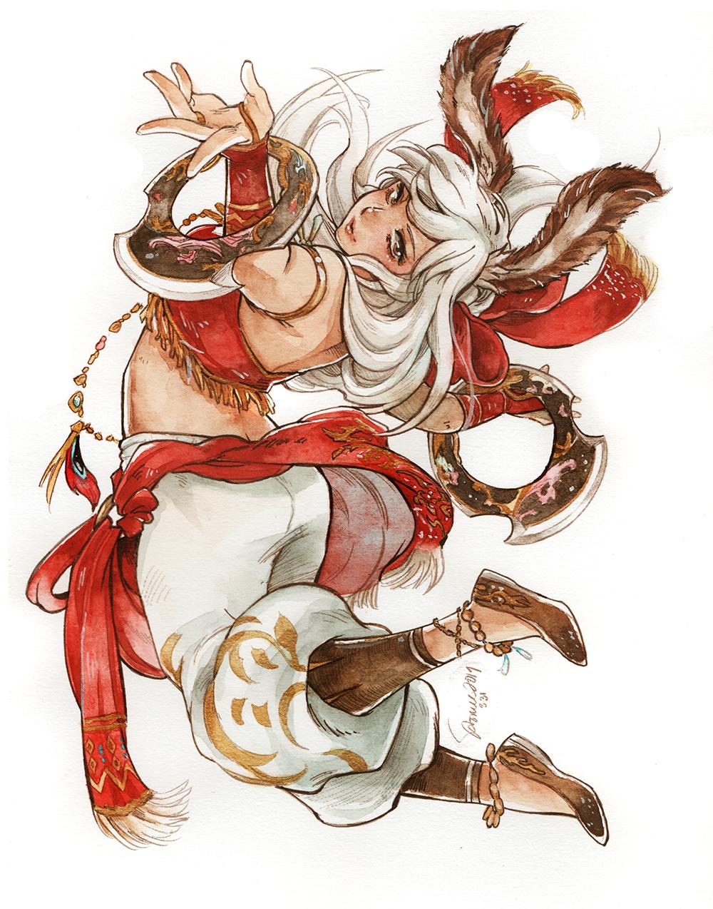 1girl animal_ears dancer_(final_fantasy) dated final_fantasy final_fantasy_xiv full_body highres lips long_hair rabbit_ears revealing_clothes sao_(saowee) shoes signature solo traditional_media vambraces viera watercolor_(medium) weapon white_hair