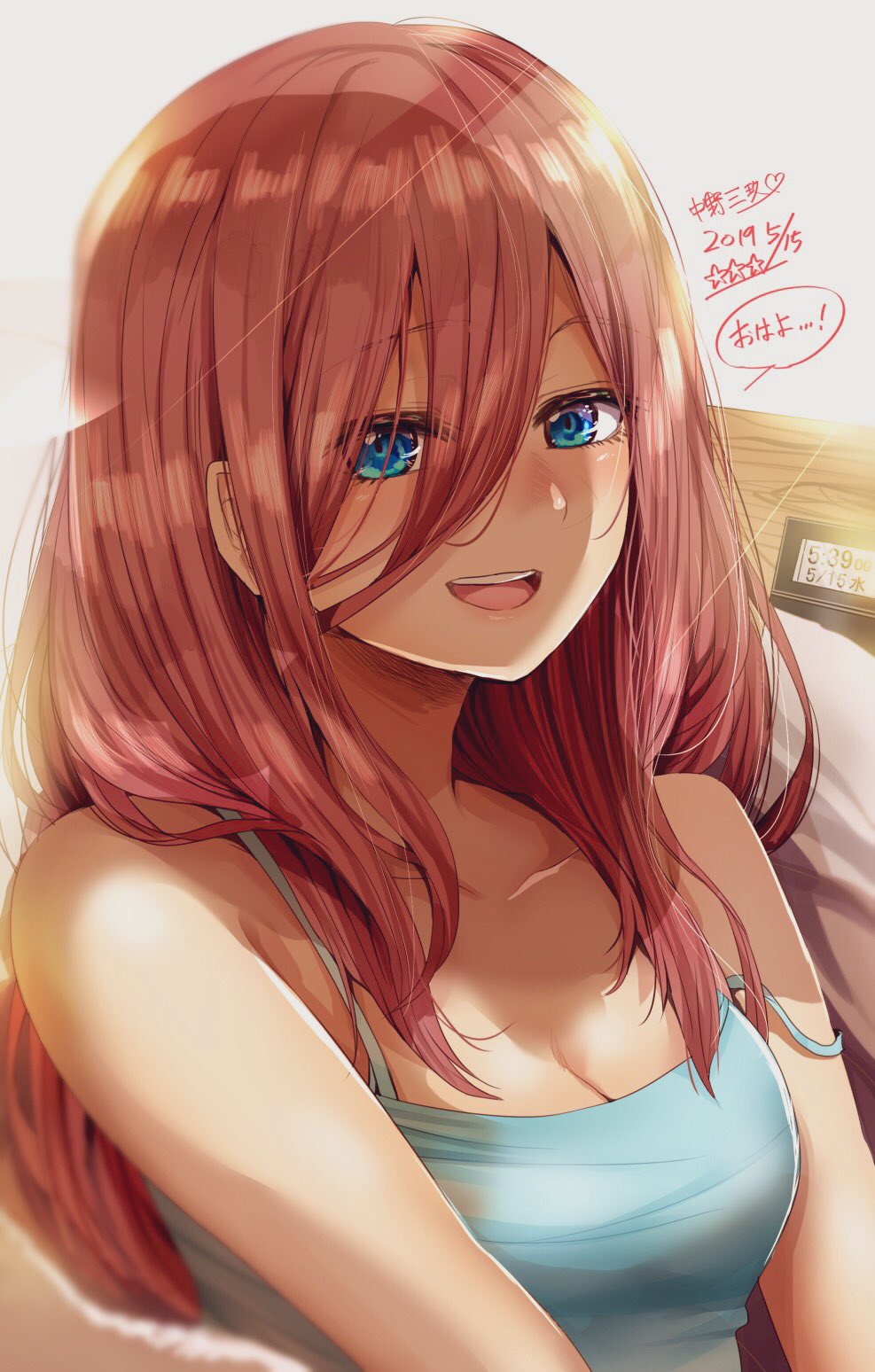 1girl bangs blue_eyes blue_tank_top breasts brown_hair cleavage commentary_request go-toubun_no_hanayome hair_between_eyes highres hoshi_san_3 large_breasts long_hair nakano_miku open_mouth sitting smile translation_request
