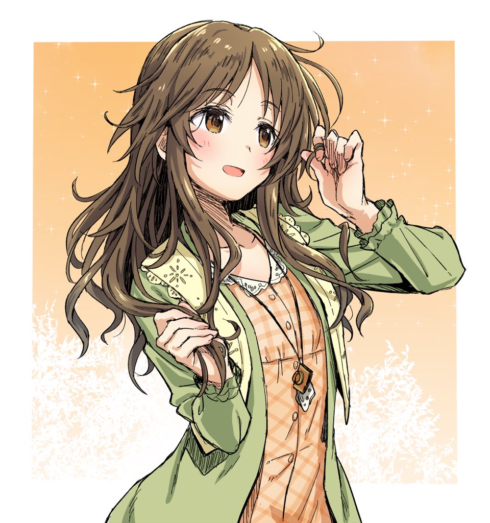 1girl brown_eyes brown_hair casual collarbone dress flat_chest frills hair_down holding holding_hair idolmaster idolmaster_cinderella_girls jacket jewelry long_hair necklace open_mouth plaid plaid_dress smile solo starheart takamori_aiko wavy_hair