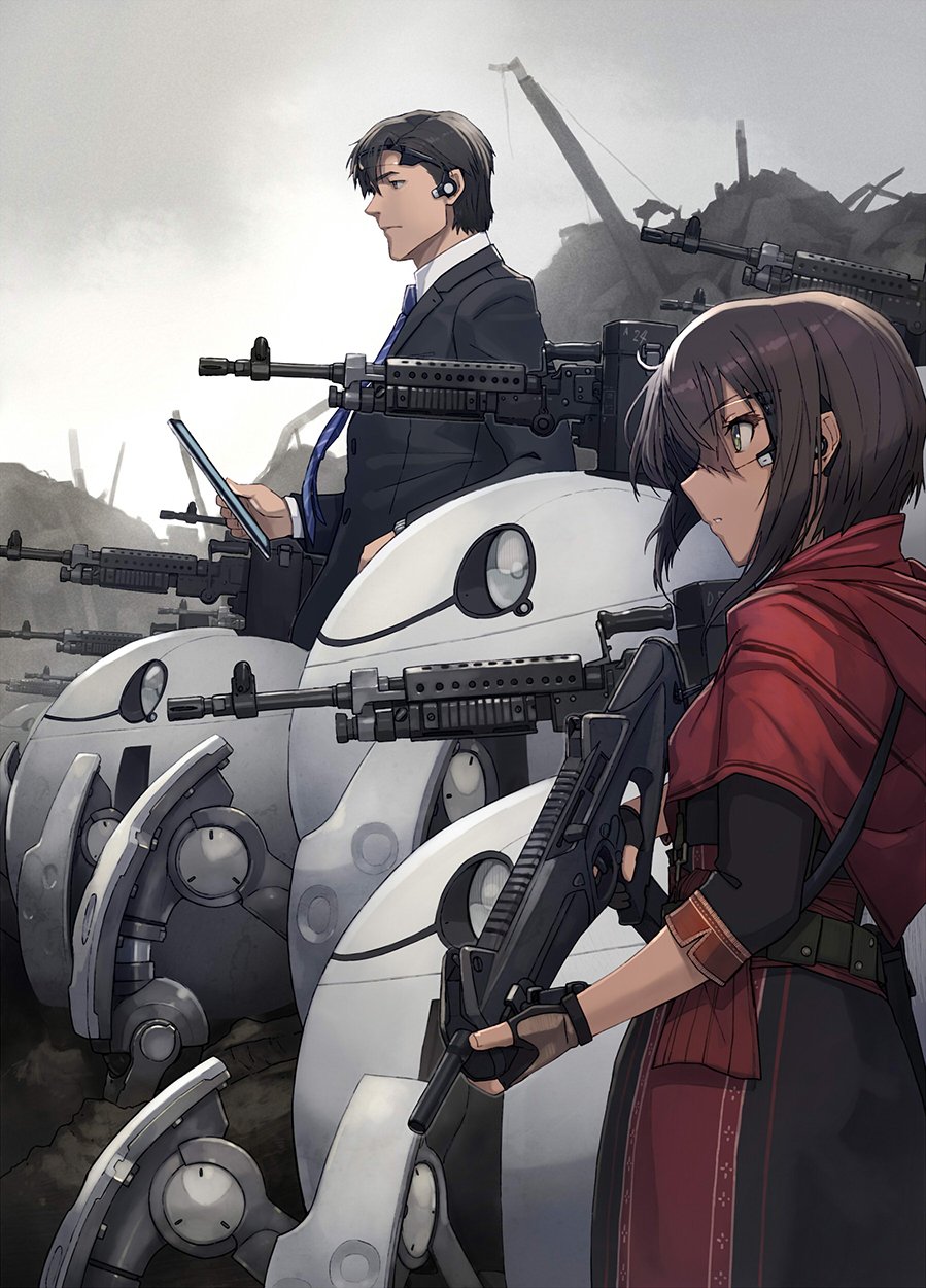 1boy 1girl black_hair capelet character_request commentary_request fingerless_gloves from_side gloves goggles goggles_on_head green_eyes gun highres holding holding_gun holding_weapon machine_gun marginal_operation_kai necktie outdoors parted_lips rifle robot shizuma_yoshinori short_hair standing watch weapon