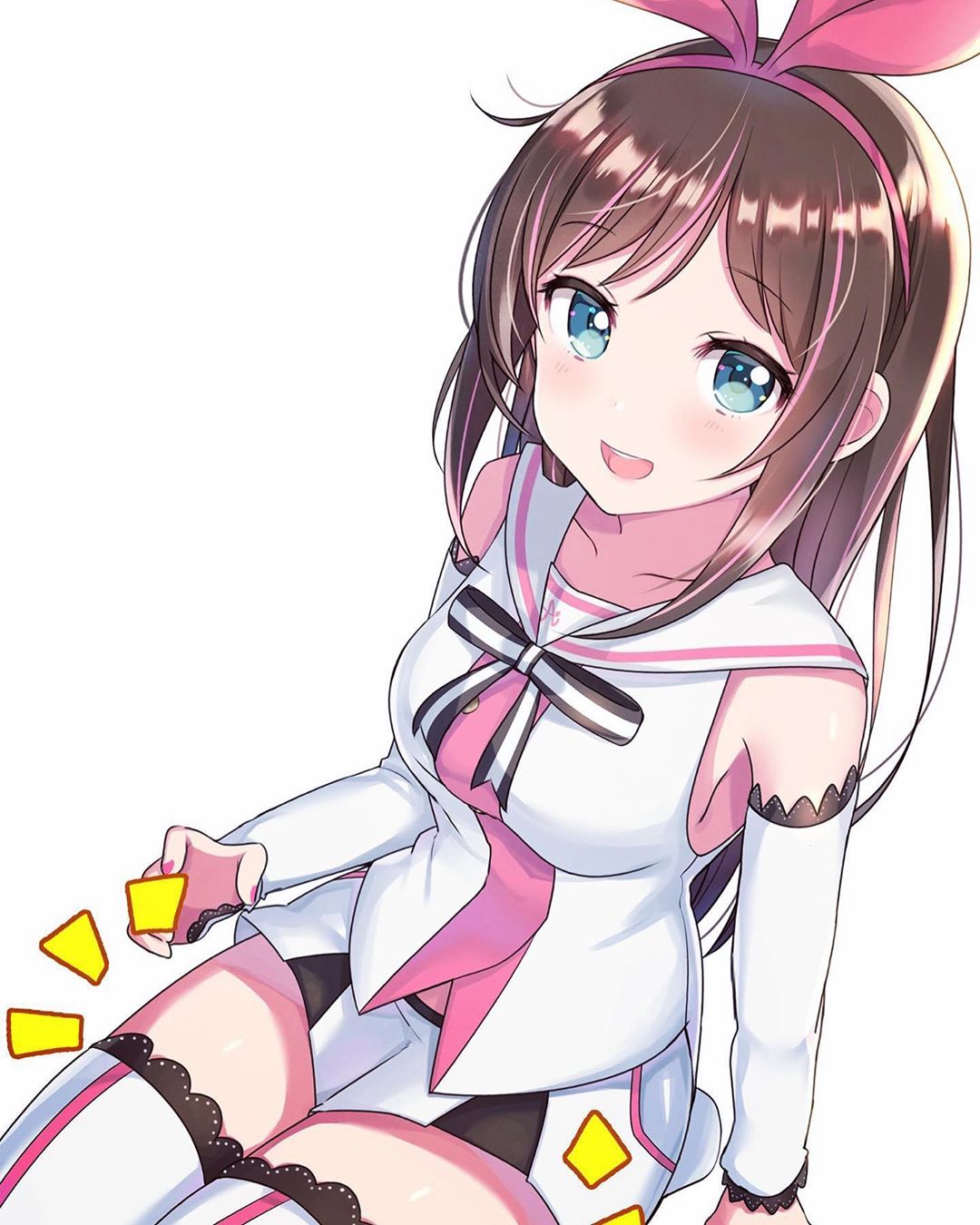 1girl :d a.i._channel bare_shoulders blue_eyes blush breasts brown_hair collarbone commentary_request detached_sleeves hairband highres invisible_chair kizuna_ai long_hair long_sleeves looking_at_viewer medium_breasts multicolored_hair nail_polish neginoki notice_lines open_mouth pink_hair pink_nails ribbon sailor_collar shirt short_shorts shorts sidelocks simple_background sitting smile solo streaked_hair thigh-highs virtual_youtuber white_background white_legwear white_sailor_collar white_shirt white_shorts