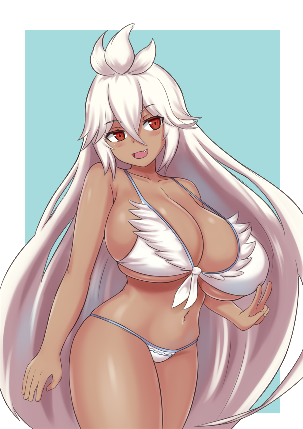 1girl :d alternate_breast_size bikini blue_background blush breasts cowboy_shot curvy dark_skin eyebrows_visible_through_hair fang granblue_fantasy highres huge_breasts long_hair nav navel open_mouth red_eyes shiny shiny_skin simple_background smile solo swimsuit thick_thighs thighs v very_long_hair white_bikini white_hair zooey_(granblue_fantasy)