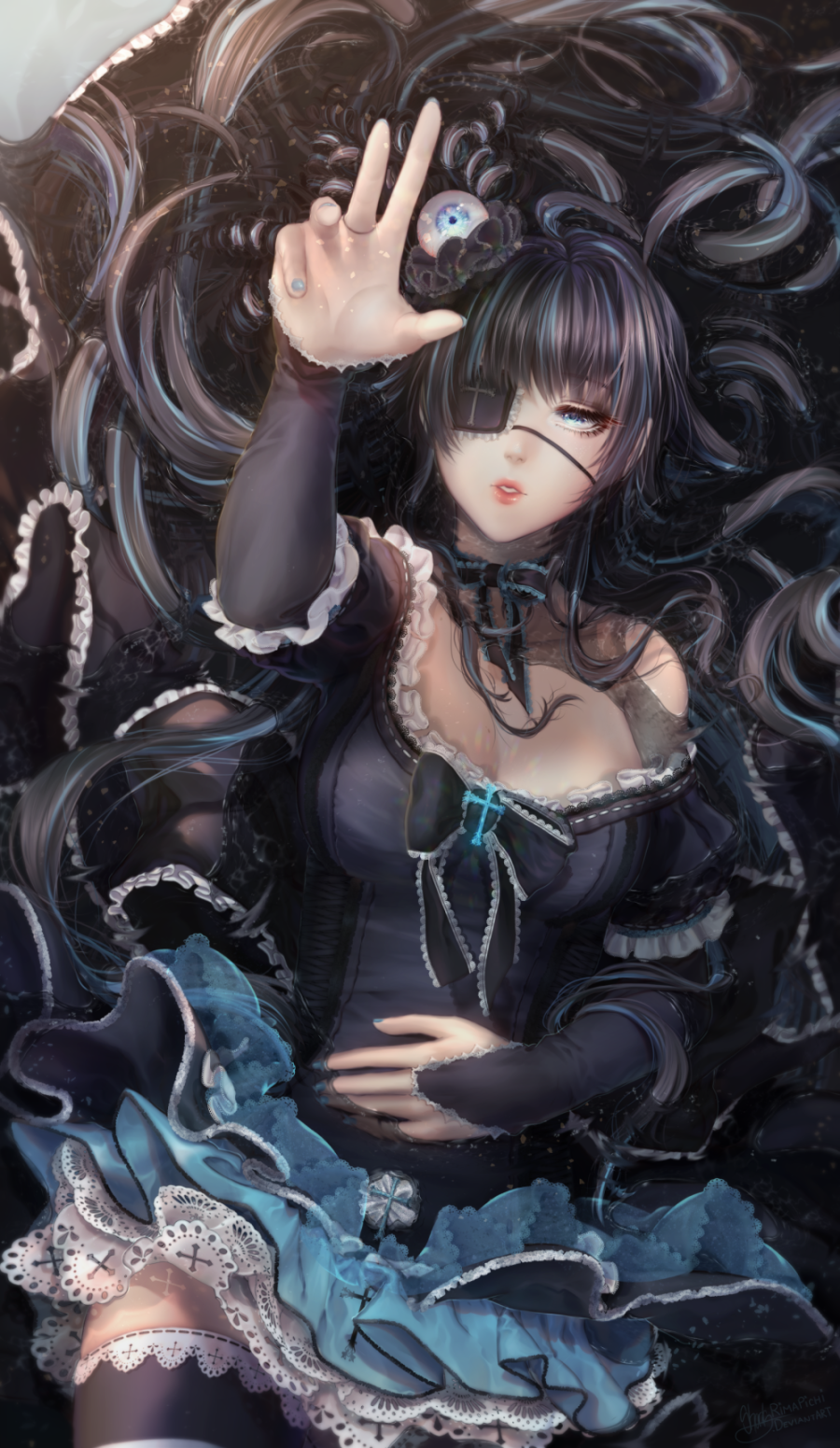 absurdly_long_hair aqua_hair aqua_nails arm_up bangs bare_shoulders black_bow black_dress black_hair black_legwear blue_eyes bow breasts chocker cleavage cross detached_sleeves dress eyepatch fingernails frilled_dress frilled_sleeves frills gothic gothic_lolita hair_between_eyes hand_up highres jewelry lace lace-trimmed_legwear lips lipstick lolita_fashion long_hair looking_at_viewer lying makeup mascara multicolored_hair nail_polish original parted_lips pink_lips puffy_short_sleeves puffy_sleeves reaching rimapichi ring short_sleeves standing submerged thigh-highs two-tone_hair very_long_hair water wet zettai_ryouiki