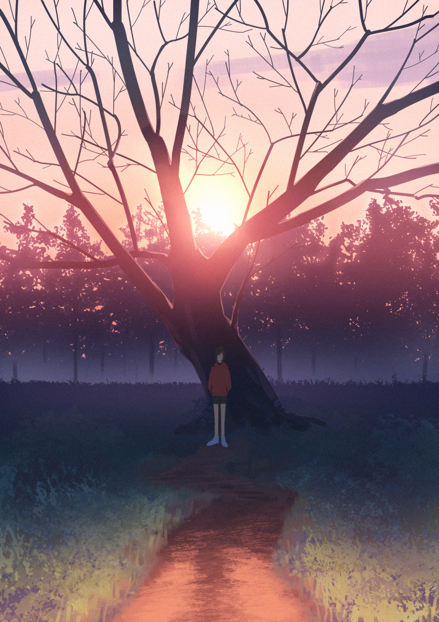 1girl amino_(tn7135) bare_tree clouds faceless faceless_female facing_viewer film_grain grass hands_in_pockets highres hood hoodie jacket original outdoors path red_jacket road scenery shorts sky solo standing sun sunset tree wide_shot