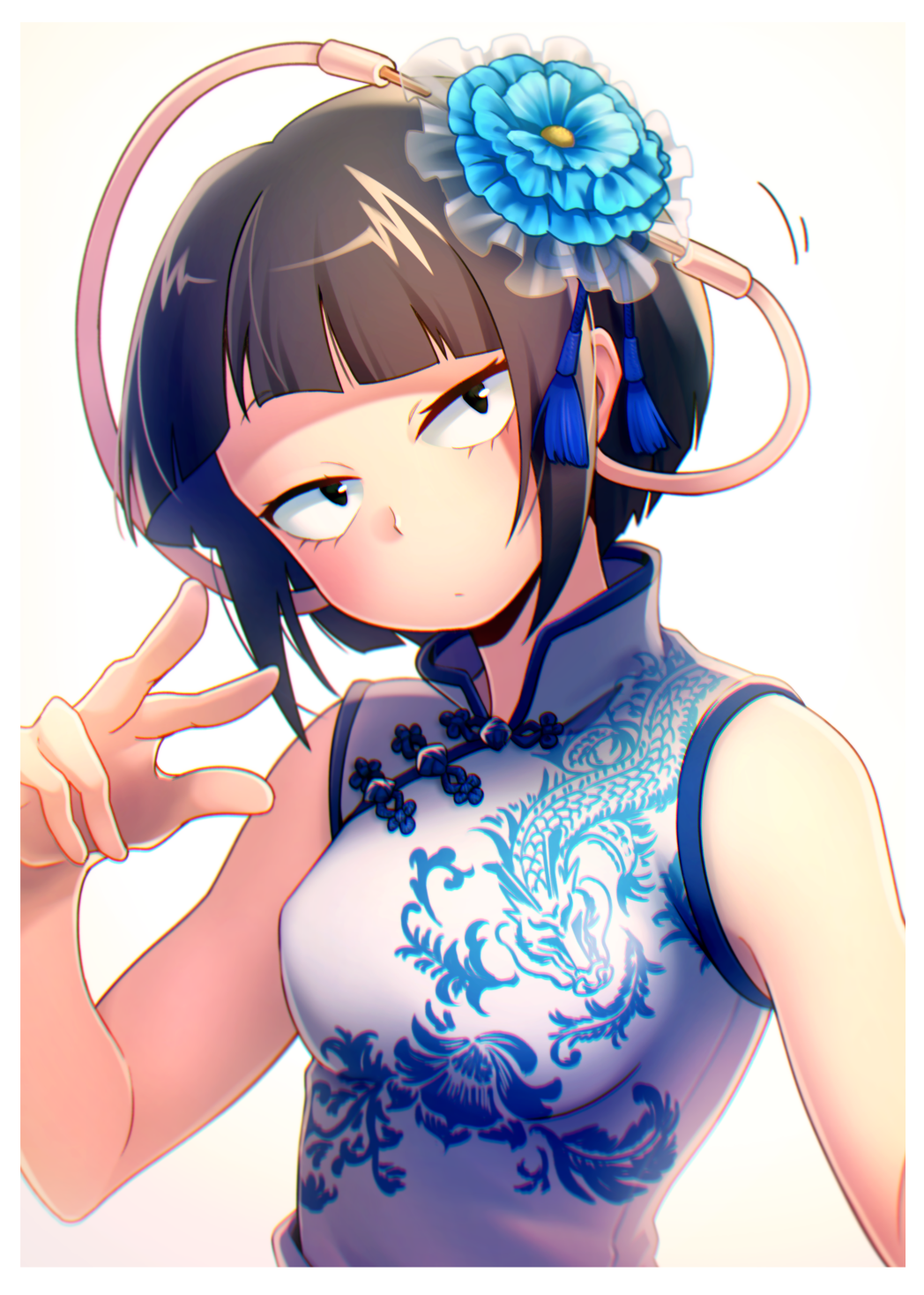 1girl abiko_yuuji alternate_breast_size bangs black_eyes black_hair blue_flower boku_no_hero_academia breasts cable china_dress chinese_clothes commentary_request dress face flower hair_flower hair_ornament highres jirou_kyouka looking_at_viewer medium_breasts short_hair simple_background sleeveless sleeveless_dress solo upper_body white_background
