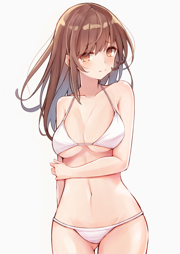 1girl 3: bare_arms bare_shoulders bikini blush breasts brown_eyes brown_hair cleavage closed_mouth collarbone commentary_request cowboy_shot frown gluteal_fold groin halter_top halterneck keima_ron large_breasts long_hair looking_at_viewer navel original sidelocks simple_background solo standing stomach swimsuit white_background white_bikini