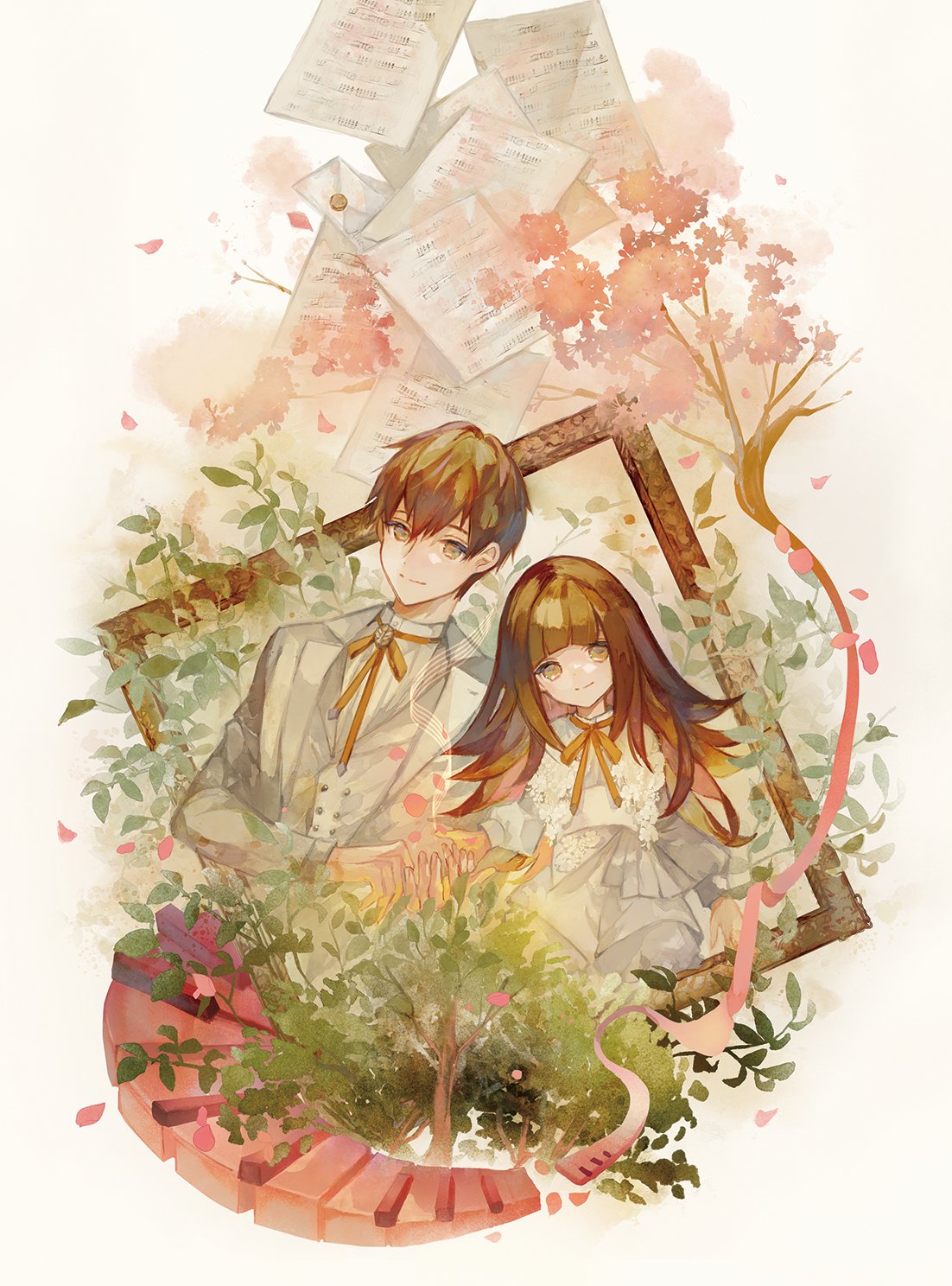 1boy 1girl bangs blunt_bangs brown_eyes brown_hair brown_ribbon closed_mouth collared_shirt commentary deemo dress english_commentary hair_between_eyes highres leaf letter long_hair musical_note neck_ribbon niwa_haruki paper picture_frame plant ribbon shirt short_hair smile tree upper_body white_dress white_shirt