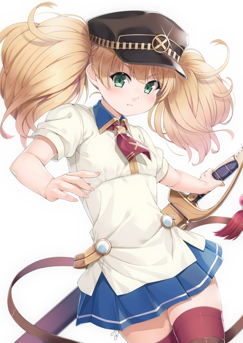 1girl :t bangs black_headwear blonde_hair blue_skirt blush closed_mouth collared_shirt commentary_request eyebrows_visible_through_hair glint green_eyes hair_between_eyes hat holding holding_sword holding_weapon long_hair looking_at_viewer miri_(ago550421) monica_weisswind peaked_cap pleated_skirt pout princess_connect! princess_connect!_re:dive puffy_short_sleeves puffy_sleeves red_legwear red_neckwear sheath sheathed shirt short_sleeves simple_background skirt solo sword thigh-highs twintails v-shaped_eyebrows weapon white_background white_shirt