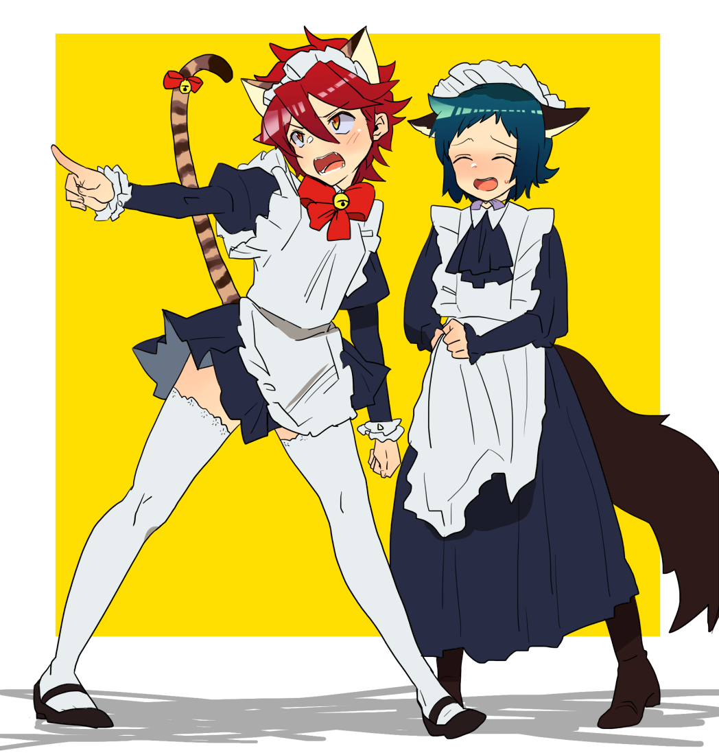 2boys alternate_costume animal_ears apron blue_hair blush boots cat_ears catboy closed_eyes crossdressinging dog_ears dog_tail dogboy enmaided fangs frills gundam gundam_build_fighters hair_between_eyes hairband housengo iori_sei maid maid_apron maid_headdress mary_janes multiple_boys pointy_ears puffy_sleeves redhead reiji_(gundam_bf) shoes smile sweatdrop tail thigh-highs white_legwear yellow_eyes