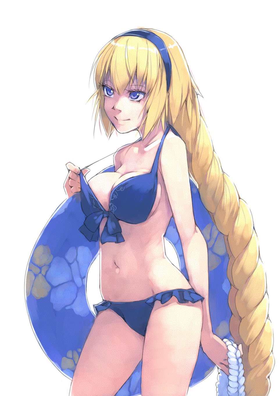 1girl akinbo_(hyouka_fuyou) blonde_hair blue_eyes blue_hairband braid braided_ponytail breasts cleavage collarbone cowboy_shot fate/grand_order fate_(series) hair_between_eyes hairband highres holding innertube jeanne_d'arc_(fate)_(all) jeanne_d'arc_(swimsuit_archer) large_breasts long_hair navel shiny shiny_hair sideboob simple_background single_braid smile solo standing very_long_hair white_background