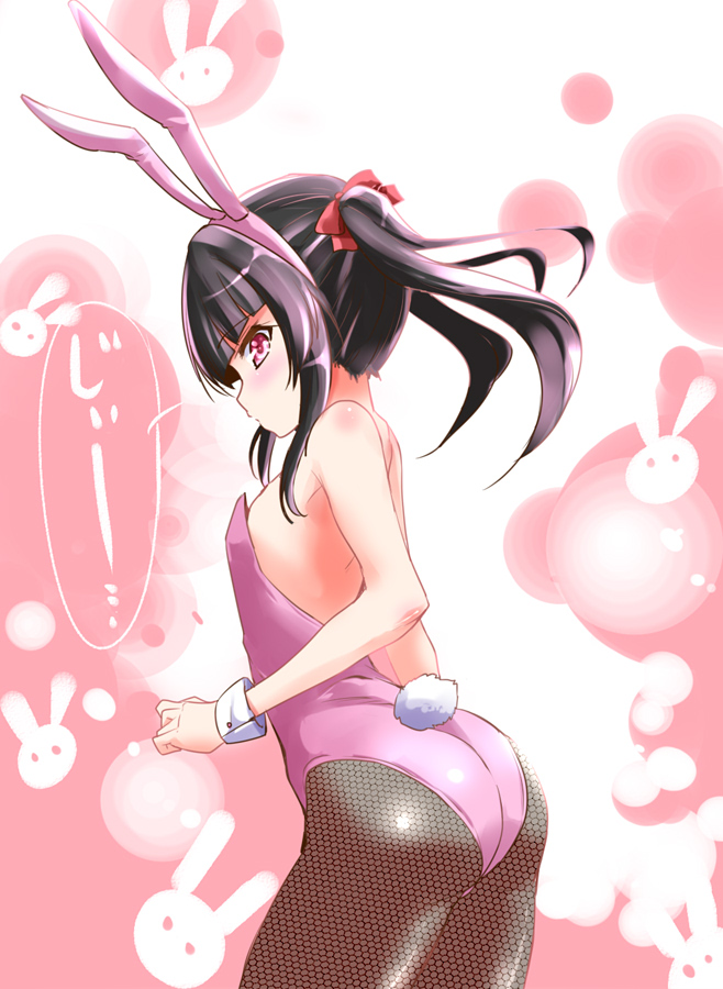 1girl animal_ears ass backless_outfit bangs bare_shoulders black_hair blunt_bangs brown_legwear bunny_girl bunny_tail bunnysuit commentary_request detached_collar fake_animal_ears fishnet_pantyhose fishnets from_behind leotard long_hair looking_at_viewer looking_back pantyhose pink_eyes pink_leotard rabbit_ears senki_zesshou_symphogear shiny shiny_hair shiny_skin solo standing strapless strapless_leotard tail tsukuyomi_shirabe twintails urutsu_sahari wrist_cuffs