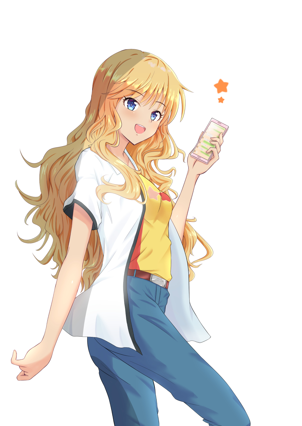 1girl artist_request bangs belt blonde_hair blue_eyes breasts brown_belt cellphone commentary_request eyebrows_visible_through_hair highres holding holding_cellphone holding_phone idolmaster idolmaster_cinderella_girls jacket long_hair looking_at_viewer medium_breasts ootsuki_yui pants phone shirt short_sleeves simple_background smartphone smile solo star upper_body wavy_hair white_background white_jacket yellow_shirt