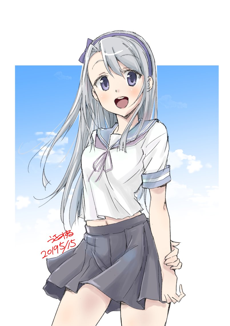 1girl asymmetrical_bangs bangs blue_bow blue_hairband blue_sky bow clouds cowboy_shot dated grey_ribbon grey_skirt hairband kantai_collection long_hair looking_at_viewer open_mouth pleated_skirt round_teeth sagiri_(kantai_collection) school_uniform serafuku short_sleeves signature silver_hair skirt sky smile solo swept_bangs teeth upper_teeth usami_(50-point_caliper) violet_eyes white_background