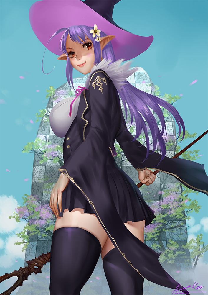 1girl ariverkao ass bangs black_legwear blue_sky breasts cherry_blossoms flower fur_collar hair_flower hair_ornament hat holding holding_staff large_breasts lips long_hair looking_at_viewer original outdoors pleated_skirt pointy_ears profile purple_hair red_eyes skirt sky smile solo staff standing thigh-highs witch_hat