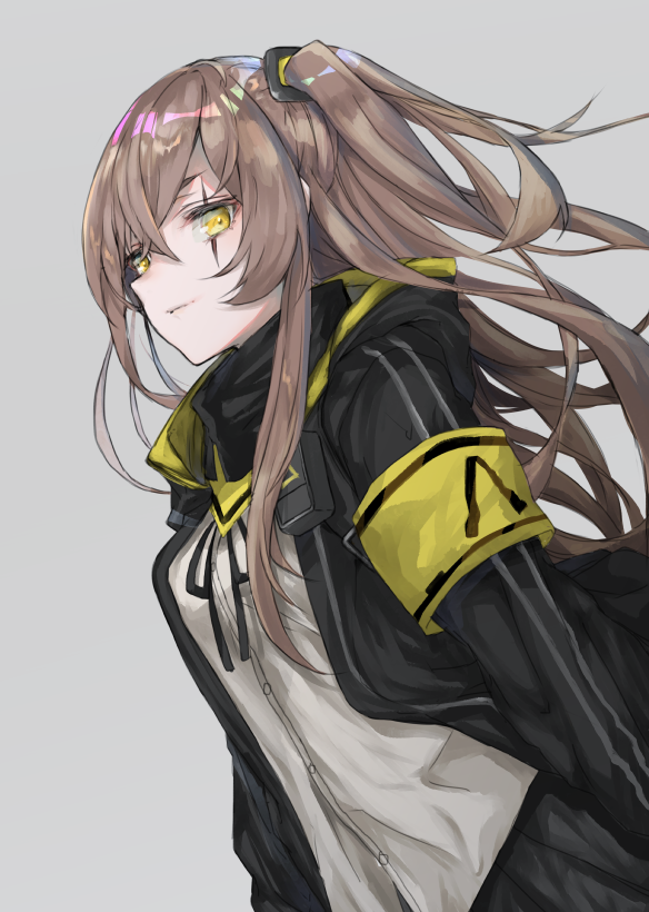 1girl armband bangs breasts brown_hair eyebrows_visible_through_hair girls_frontline grey_background hair_between_eyes hair_ornament hood hood_down hooded_jacket jacket ko_eak2 long_hair long_sleeves looking_at_viewer neck_ribbon one_side_up open_clothes ribbon scar scar_across_eye scarf shirt sidelocks simple_background skirt small_breasts solo ump45_(girls_frontline) yellow_eyes