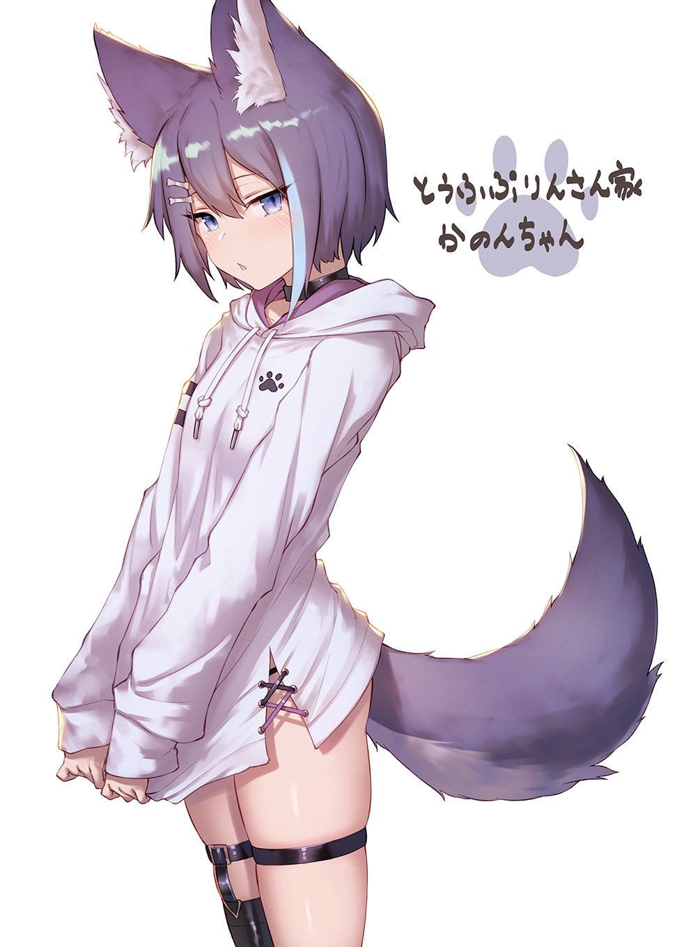 1girl animal_ear_fluff animal_ears black_legwear blush breasts choker clothes_tug cowboy_shot from_side hair_between_eyes hair_ornament hairclip highres hood hooded_sweater hoodie ibuki_notsu long_sleeves looking_at_viewer naked_sweater original parted_lips purple_hair short_hair simple_background single_thighhigh sleeves_past_wrists small_breasts solo sweater sweater_tug tail thigh-highs thigh_strap violet_eyes white_background