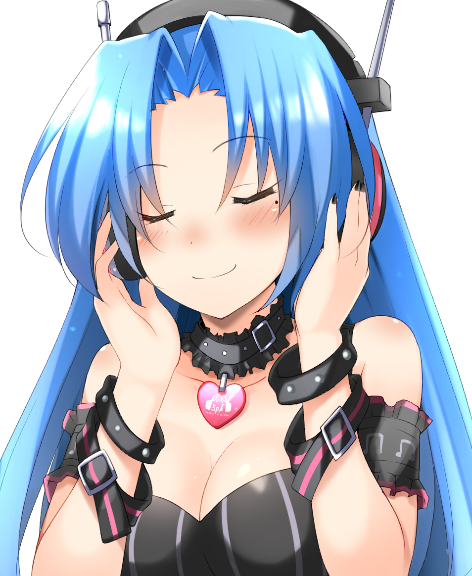 1girl 5pb_(neptune_series) bare_shoulders blue_hair blush breasts cleavage closed_eyes detached_collar doria_(5073726) dress facing_viewer headphones listening_to_music long_hair medium_breasts mole mole_under_eye neptune_(series) simple_background smile solo striped upper_body vertical-striped_dress vertical_stripes white_background