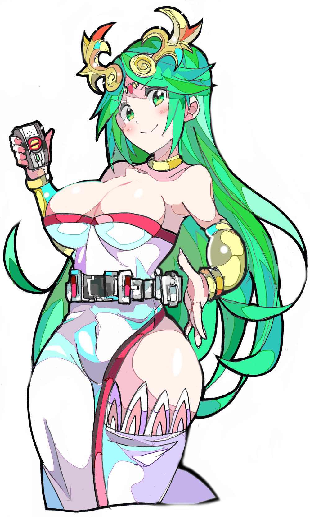 &gt;:) 1girl bare_shoulders bracer breasts circlet cleavage closed_mouth cropped_legs dress enpe eyebrows_visible_through_hair green_eyes green_hair hand_up highres holding jewelry kamen_rider kamen_rider_555 kid_icarus long_hair looking_at_viewer neck_ring nintendo palutena rider_belt side_slit simple_background single_thighhigh smile solo strapless strapless_dress thigh-highs thighs v-shaped_eyebrows very_long_hair white_background white_dress white_legwear