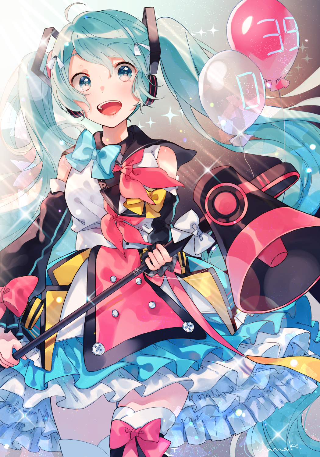 1girl 39 :d ahoge balloon black_sailor_collar black_sleeves blue_bow blue_eyes blue_hair blue_skirt boots bow cowboy_shot detached_sleeves eyebrows_visible_through_hair floating_hair hanako151 hatsune_miku highres holding_megaphone layered_skirt long_hair long_sleeves looking_at_viewer miniskirt open_mouth pink_bow pink_neckwear sailor_collar shiny shiny_hair skirt smile solo standing sunlight thigh-highs thigh_boots very_long_hair vocaloid white_skirt yellow_bow
