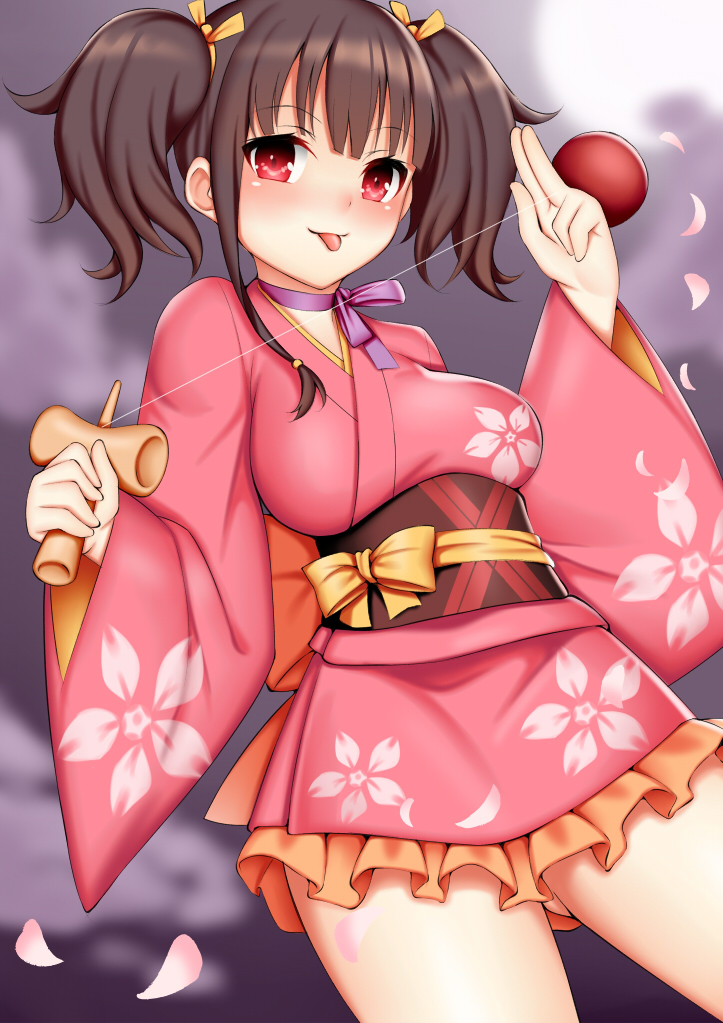 1girl :p bangs blurry blurry_background blush breasts brown_hair closed_mouth commentary_request depth_of_field eyebrows_visible_through_hair floral_print frilled_kimono frills gluteal_fold hair_ribbon hands_up holding japanese_clothes kimono koutetsujou_no_kabaneri long_sleeves medium_breasts mumei_(kabaneri) obi petals pink_kimono print_kimono red_eyes ribbon sash short_kimono smile solo tongue tongue_out toshishikisai twintails wide_sleeves yellow_ribbon