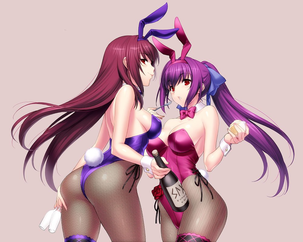 2girls animal_ears ass bottle bow bowtie breasts bunny_tail bunnysuit cup detached_collar drinking_glass fate/grand_order fate_(series) fishnet_pantyhose fishnets garter_straps grey_background leotard long_hair looking_at_viewer medium_breasts multiple_girls pantyhose parted_lips pink_leotard pink_neckwear ponytail purple_hair purple_leotard purple_neckwear rabbit_ears red_eyes runes scathach_(fate)_(all) scathach_(fate/grand_order) scathach_skadi_(fate/grand_order) simple_background spoon strapless strapless_leotard tail wine_bottle wine_glass wrist_cuffs zen