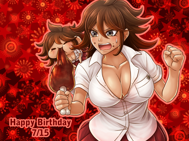 1girl breasts brown_eyes brown_hair cleavage clenched_hand collarbone collared_shirt dangan_ronpa dark_skin dress_shirt food food_on_face hair_between_eyes happy_birthday holding holding_food large_breasts meat medium_hair miniskirt open_mouth owari_akane pleated_skirt red_background red_skirt shiny shiny_skin shirt short_sleeves skirt solo star starry_background super_dangan_ronpa_2 sweatdrop unbuttoned unbuttoned_shirt v-shaped_eyebrows white_shirt wing_collar yumaru_(marumarumaru)