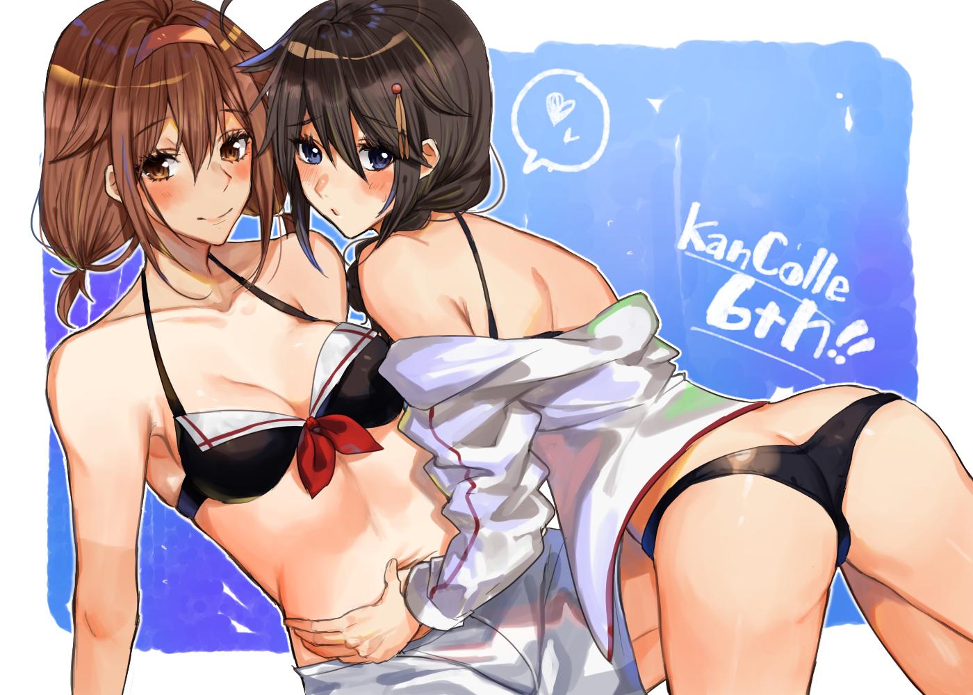 2girls ahoge amakaze anniversary ass bikini black_bikini black_bikini_bottom black_bikini_top blue_eyes blush braid breasts brown_eyes brown_hair cleavage eyebrows_visible_through_hair hair_flaps hair_ornament hair_over_shoulder hairband heart kantai_collection multiple_girls navel red_hairband remodel_(kantai_collection) sailor_bikini sailor_collar shigure_(kantai_collection) shiratsuyu_(kantai_collection) shorts single_braid smile sweat sweatdrop swimsuit twintails