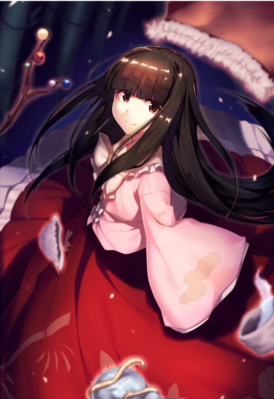 1girl bamboo_print bangs black_hair blue_background blunt_bangs bow bowtie branch brown_eyes commentary_request eyebrows_visible_through_hair frilled_shirt_collar frills houraisan_kaguya jeweled_branch_of_hourai kaiza_(rider000) long_hair long_skirt long_sleeves looking_at_viewer petticoat red_skirt sidelocks skirt smile solo touhou very_long_hair white_bow white_neckwear wide_sleeves