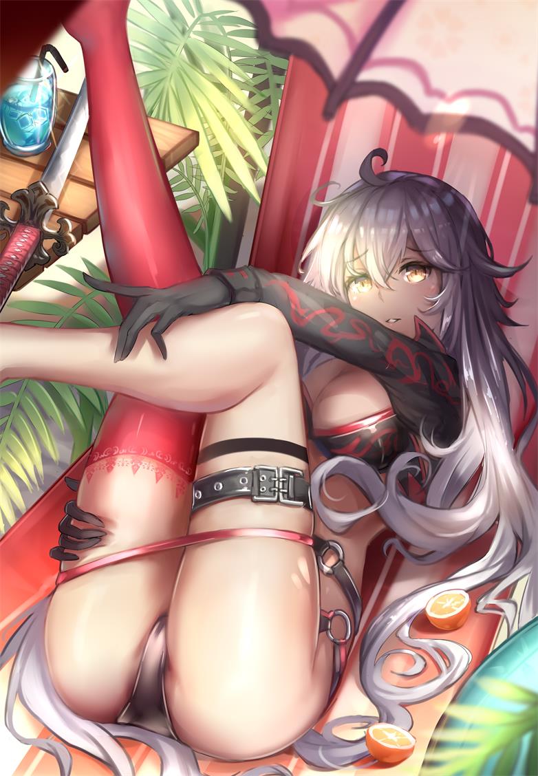 1girl ahoge ass bangs beach_umbrella bikini black_bikini black_gloves black_jacket blush breasts chair choker cleavage cup day eyebrows_visible_through_hair fate/grand_order fate_(series) food fruit glint gloves hair_between_eyes jacket janne_d'arc jeanne_d'arc_(alter)_(fate) jeanne_d'arc_(alter_swimsuit_berserker) jeanne_d'arc_(fate)_(all) katana large_breasts legs_up long_hair looking_at_viewer lounge_chair lying o-ring o-ring_bikini on_bakc orange outdoors parted_lips red_legwear shrug_(clothing) silver_hair single_thighhigh solo swimsuit sword table thigh-highs tropical_drink umbrella very_long_hair weapon yellow_eyes yusan