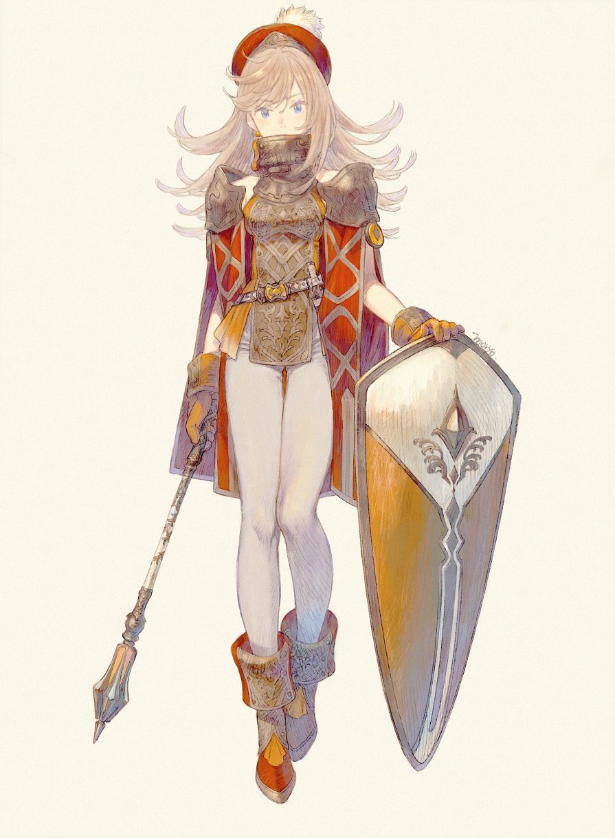 1girl armor artist_name belt beret blue_eyes boots brown_hair cape collar feathers full_body gloves hat hidden_mouth high_collar highres holding holding_weapon long_hair looking_at_viewer mace moryo original pantyhose shield shoulder_armor simple_background sleeveless solo standing weapon white_background