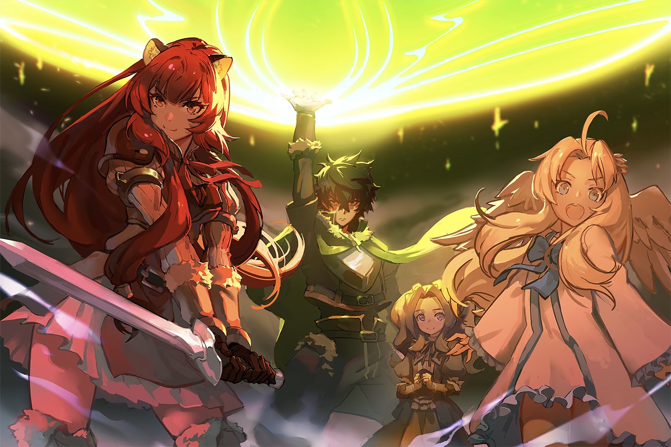 1boy 3girls animal_ears aura bangs blonde_hair blue_eyes brown_hair cape commentary dress english_commentary feathered_wings firo_(tate_no_yuusha_no_nariagari) hair_ribbon high_collar holding holding_sword holding_weapon iwatani_naofumi james_ghio juliet_sleeves long_hair long_sleeves looking_at_viewer magic melty_q_melromarc multiple_girls open_mouth parted_bangs puffy_sleeves raccoon_ears raccoon_girl raphtalia red_eyes ribbon sidelocks sword tate_no_yuusha_no_nariagari twintails very_long_hair violet_eyes weapon white_dress white_wings wings