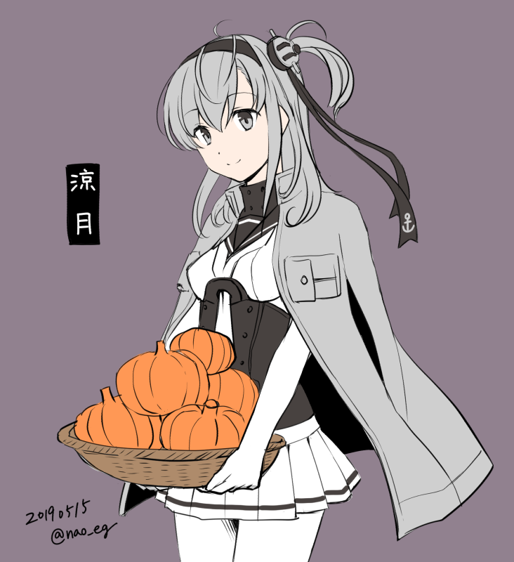 1girl black_headband black_sailor_collar bodysuit character_name clothes_writing commentary_request corset cowboy_shot dated gloves grey_background grey_jacket hachimaki headband jacket kantai_collection long_hair miniskirt nao_(nao_eg) one_side_up pleated_skirt pumpkin sailor_collar silver_hair simple_background skirt smile solo suzutsuki_(kantai_collection) twitter_username white_bodysuit white_gloves white_neckwear white_skirt